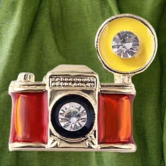 Retro Brooch Vtg Photo Camera Pin Flash Bulb Orange Enamel Rhinestone Gold Tone - Picture 6 of 12